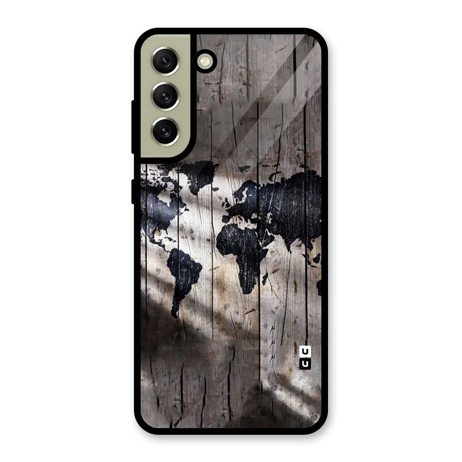 World Map Wood Design Glass Back Case for Galaxy S21 FE 5G