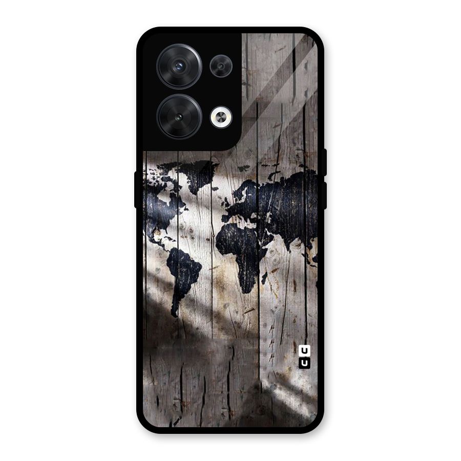 World Map Wood Design Glass Back Case for Oppo Reno8 5G