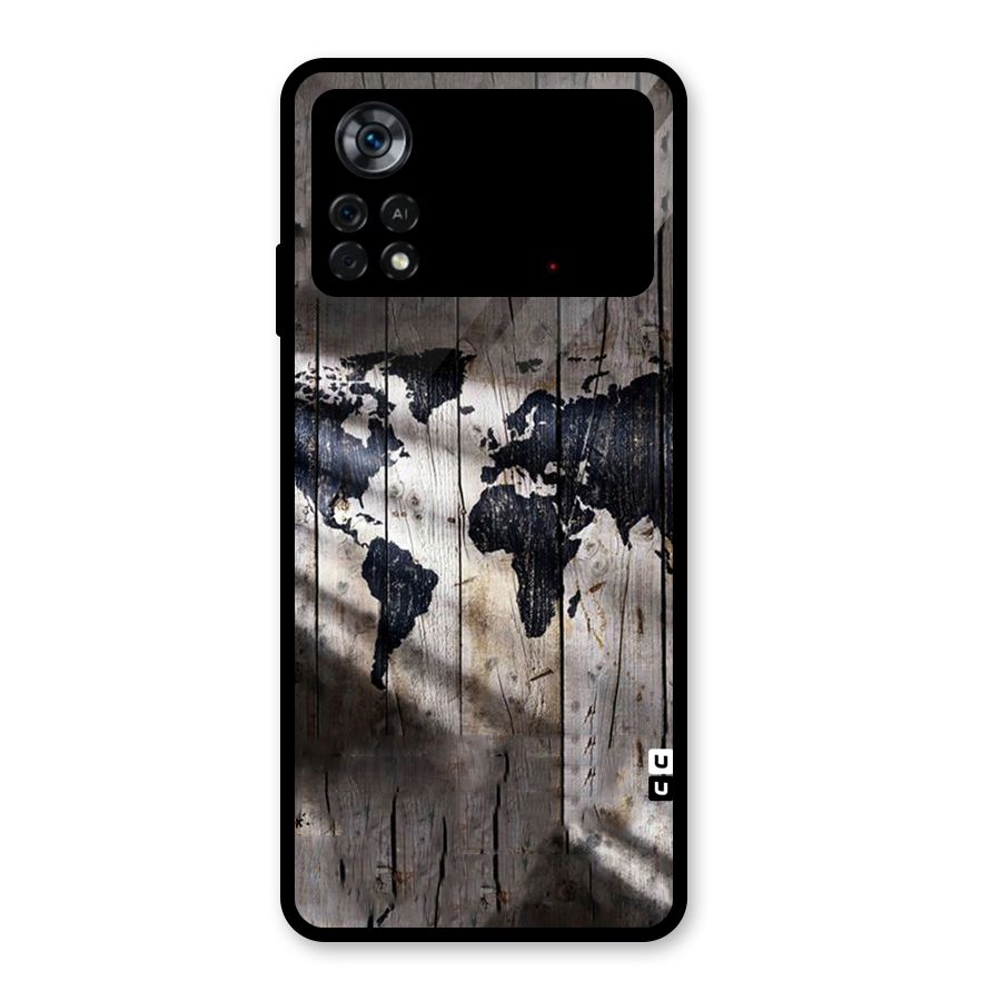 World Map Wood Design Glass Back Case for Poco X4 Pro 5G