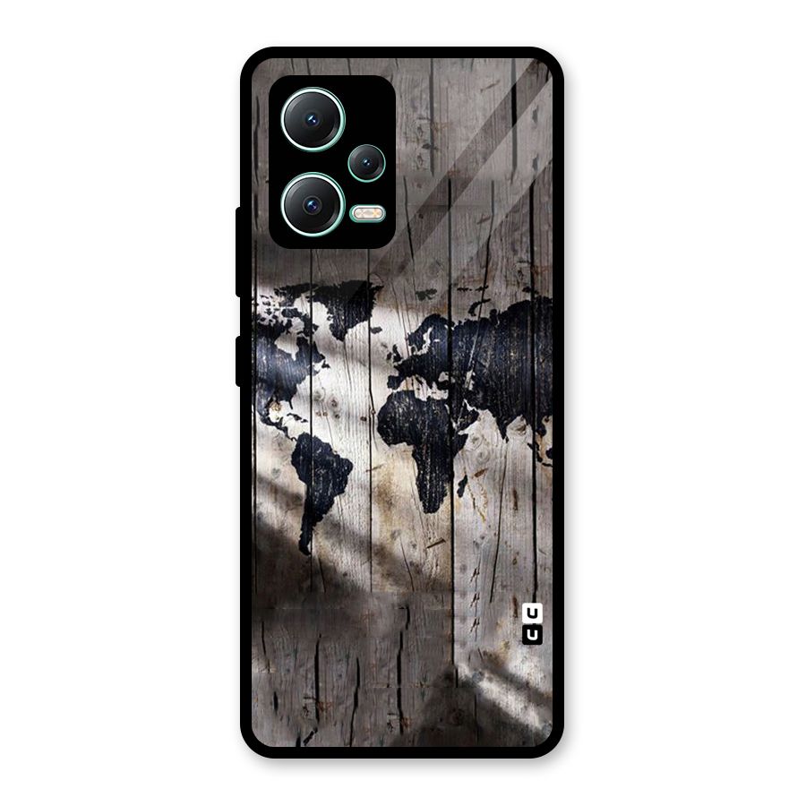 World Map Wood Design Glass Back Case for Redmi Note 12 5G