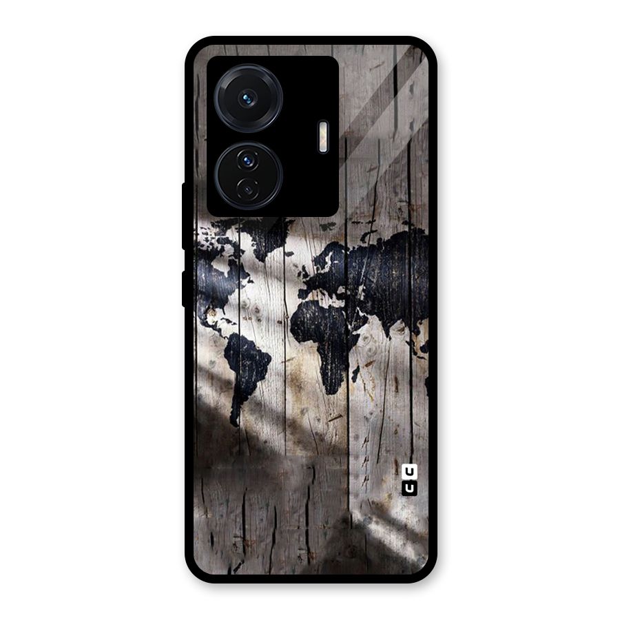 World Map Wood Design Glass Back Case for Vivo T1 Pro