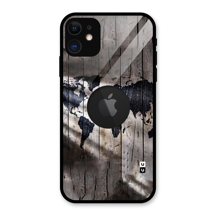 World Map Wood Design Glass Back Case for iPhone 11 Logo Cut