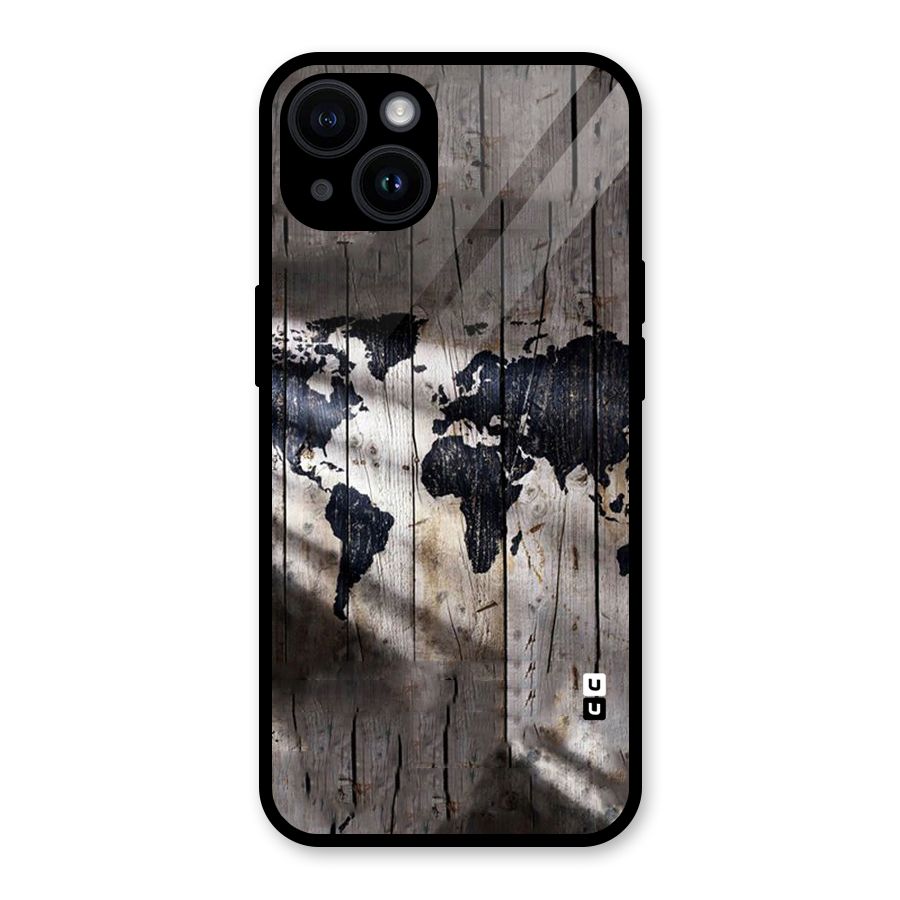World Map Wood Design Glass Back Case for iPhone 14