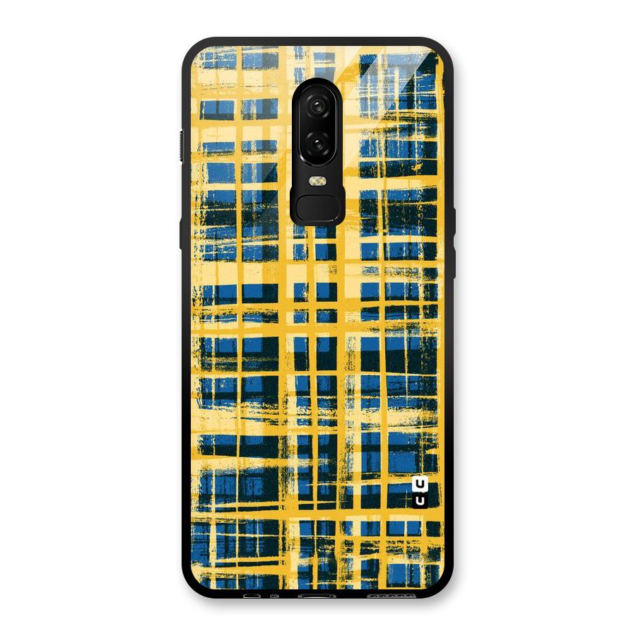 Yellow Rugged Check Design Glass Back Case for OnePlus 6