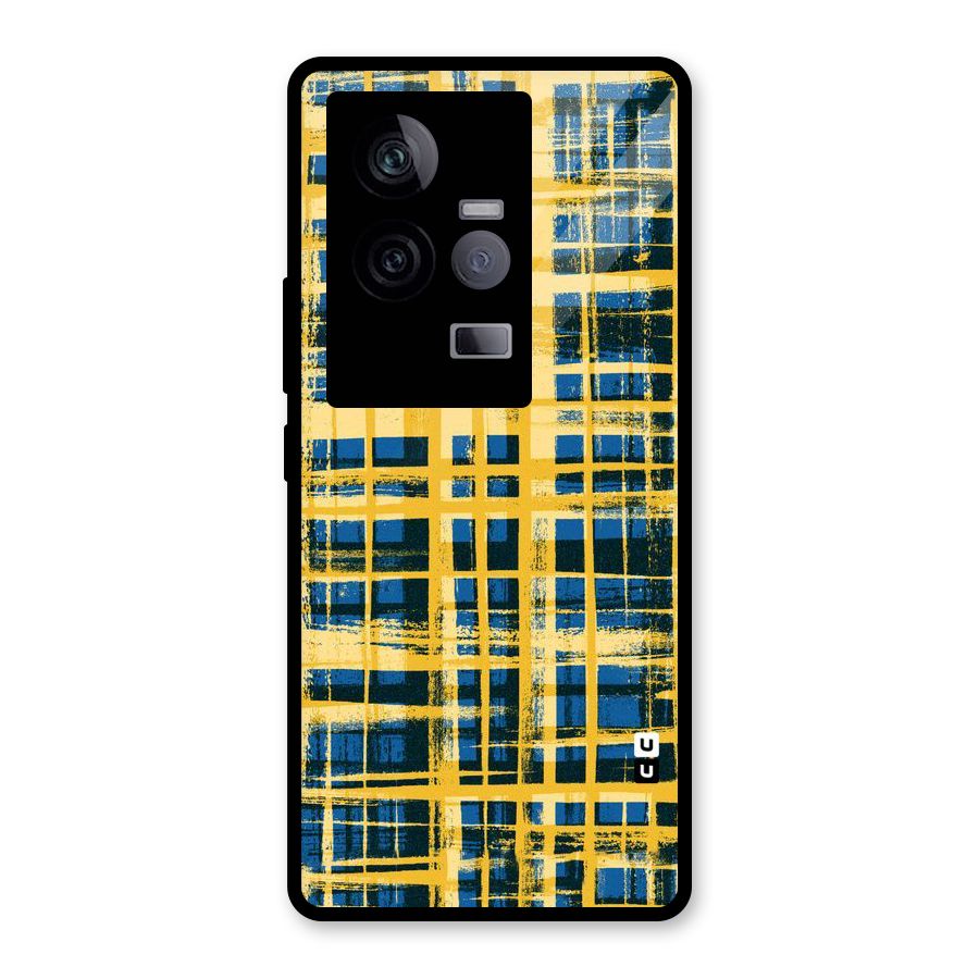 Yellow Rugged Check Design Glass Back Case for Vivo iQOO 11 5G