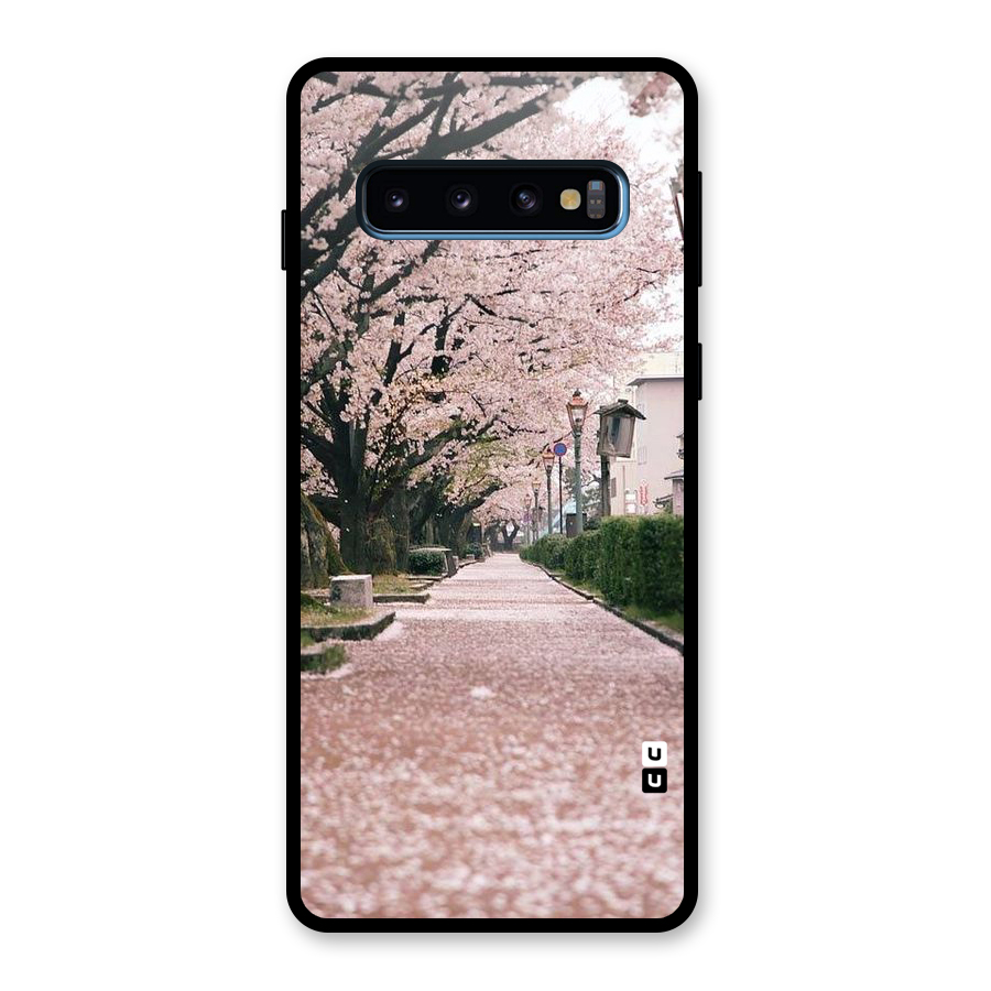Street In Pink Flowers Glass Back Case for Galaxy S10