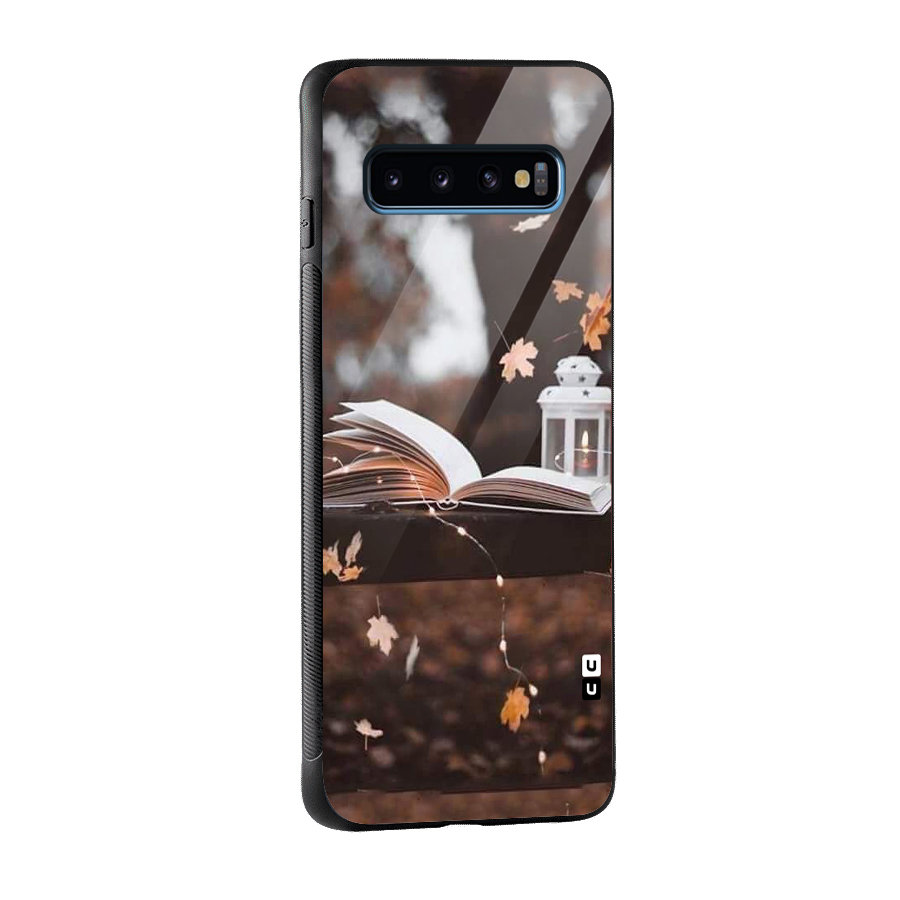 Book and Fall Leaves Glass Back Case for Galaxy S10