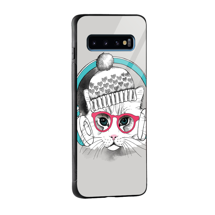 Cat Headphones Glass Back Case for Galaxy S10