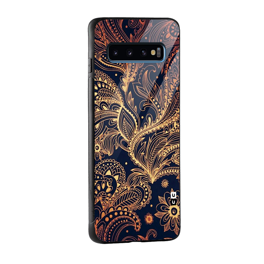 Classy Golden Leafy Design Glass Back Case for Galaxy S10