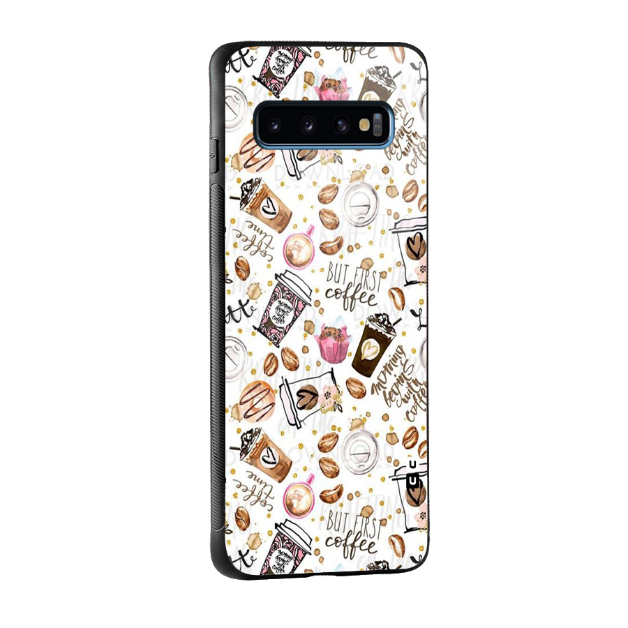 Coffee Pattern Glass Back Case for Galaxy S10