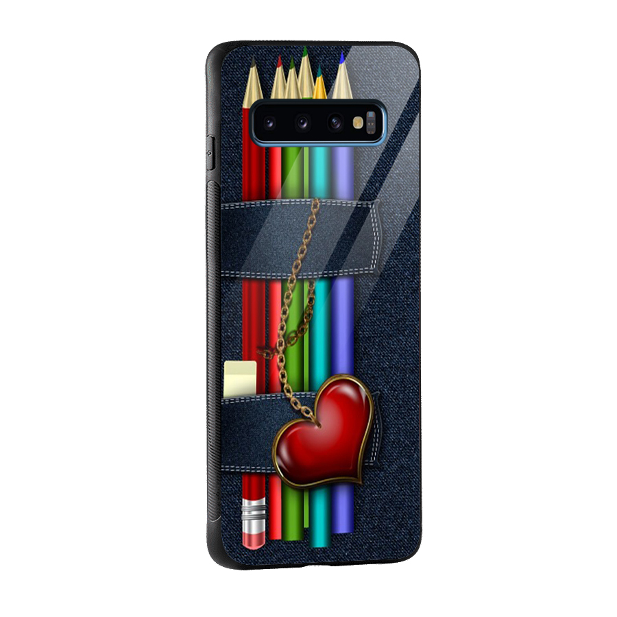 Denim Colorful Pencils Glass Back Case for Galaxy S10