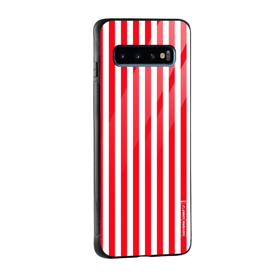 Red And White Straight Stripes Glass Back Case for Galaxy S10