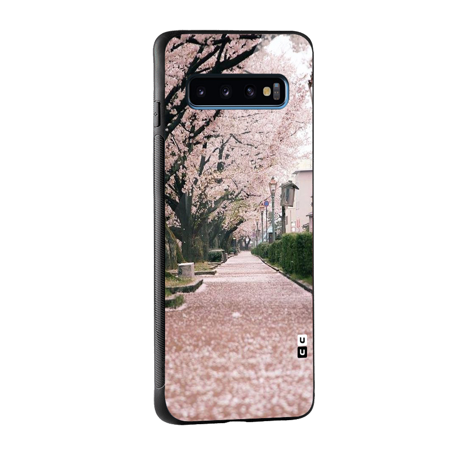 Street In Pink Flowers Glass Back Case for Galaxy S10