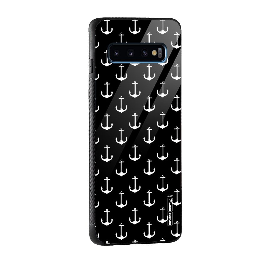White And Black Anchor Pattern Glass Back Case for Galaxy S10