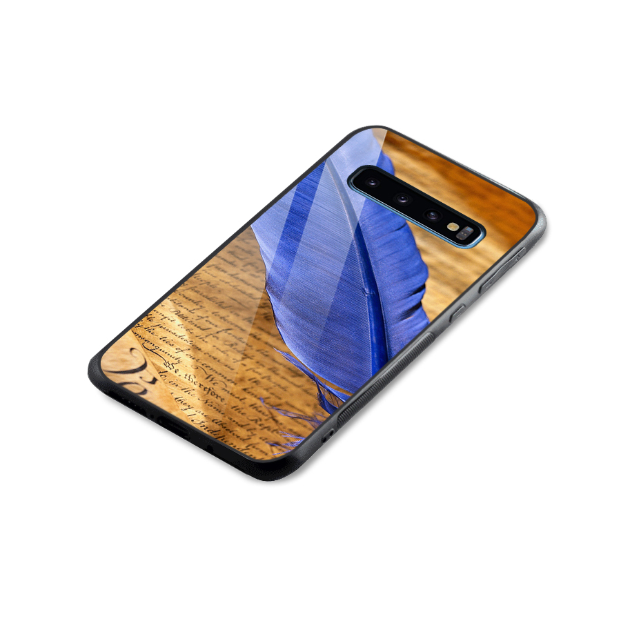Beautiful Blue Feather Glass Back Case for Galaxy S10