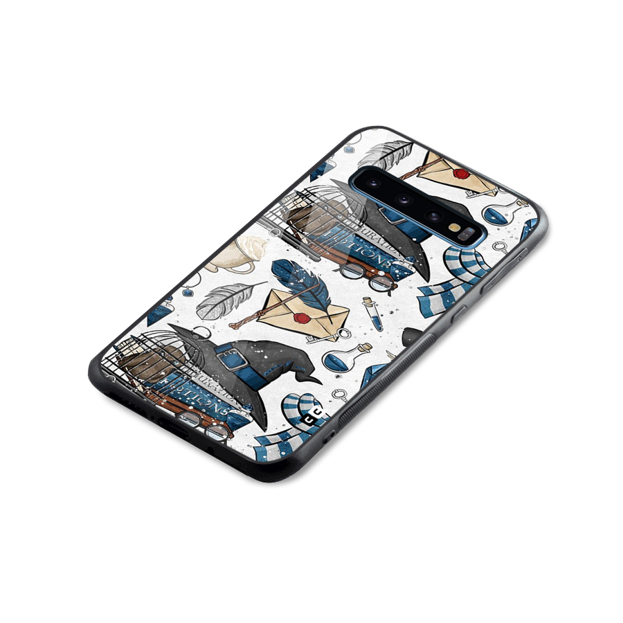 Blue Feather Hat Design Glass Back Case for Galaxy S10