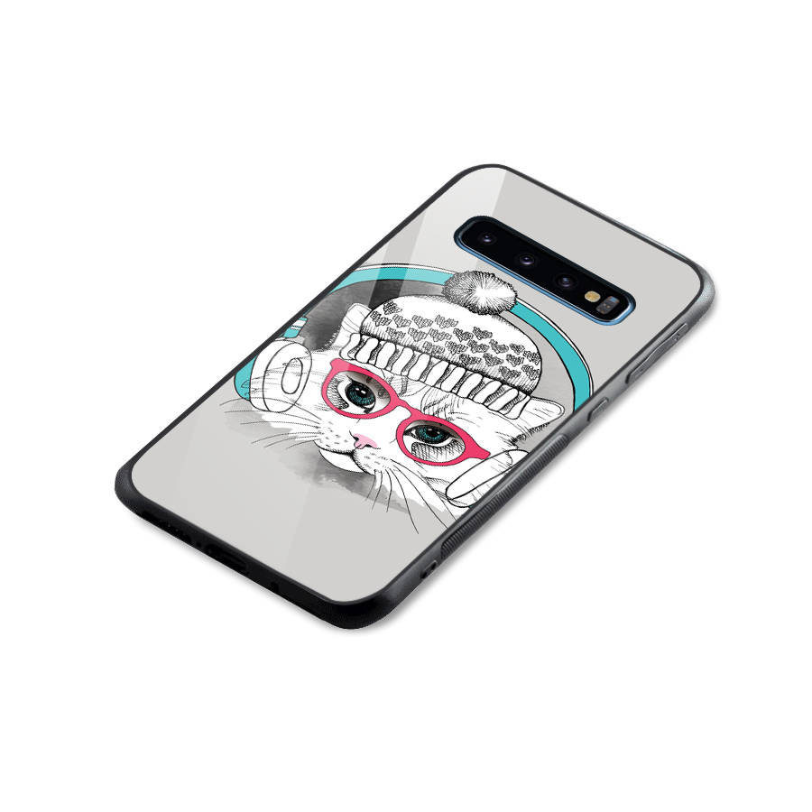 Cat Headphones Glass Back Case for Galaxy S10