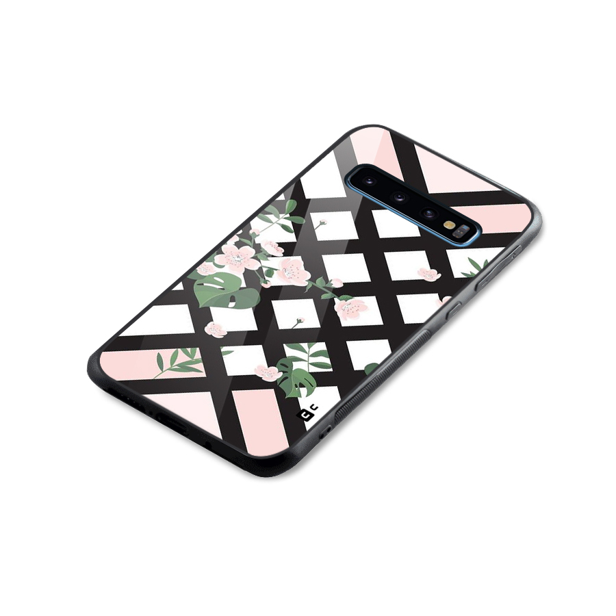 Check Floral Stripes Glass Back Case for Galaxy S10