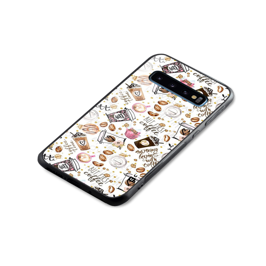 Coffee Pattern Glass Back Case for Galaxy S10