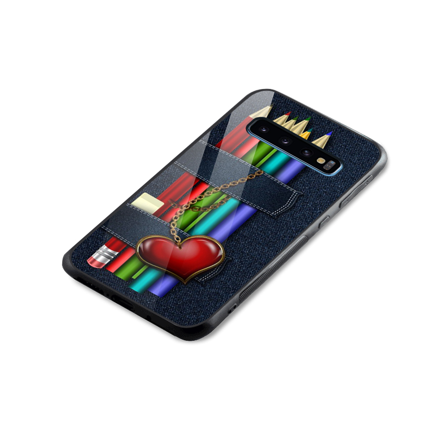 Denim Colorful Pencils Glass Back Case for Galaxy S10