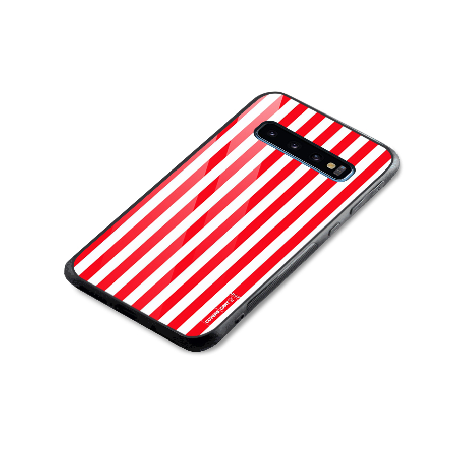 Red And White Straight Stripes Glass Back Case for Galaxy S10