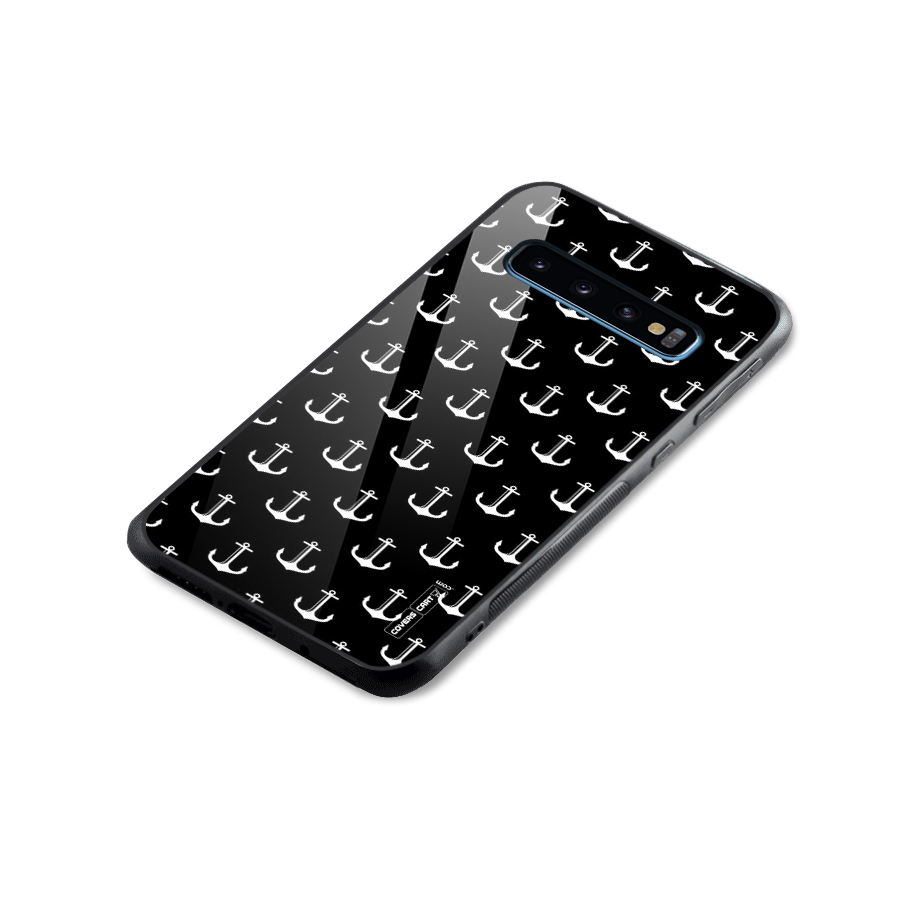 White And Black Anchor Pattern Glass Back Case for Galaxy S10