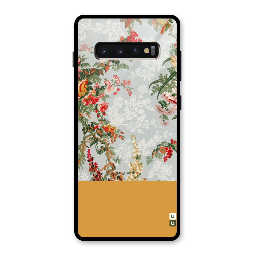 Golden Stripe on Floral Glass Back Case for Galaxy S10 Plus