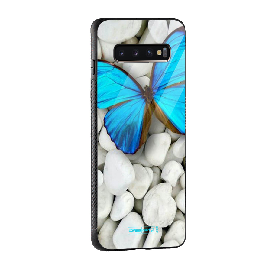 Blue Butterfly Glass Back Case for Galaxy S10 Plus