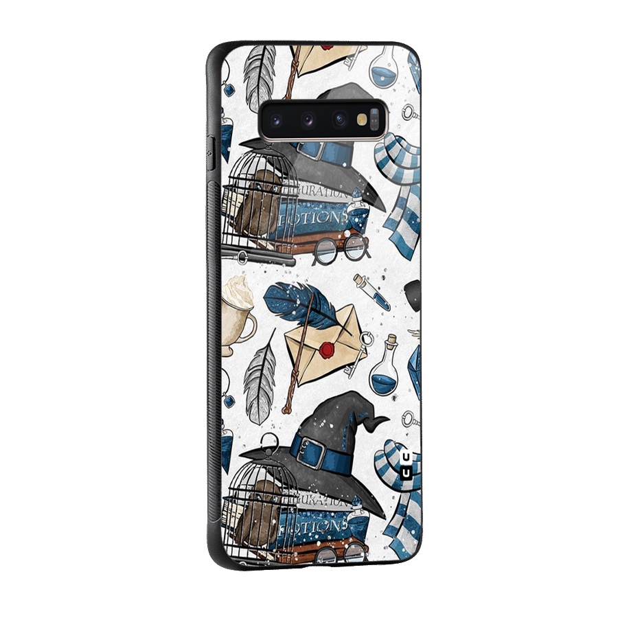 Blue Feather Hat Design Glass Back Case for Galaxy S10 Plus