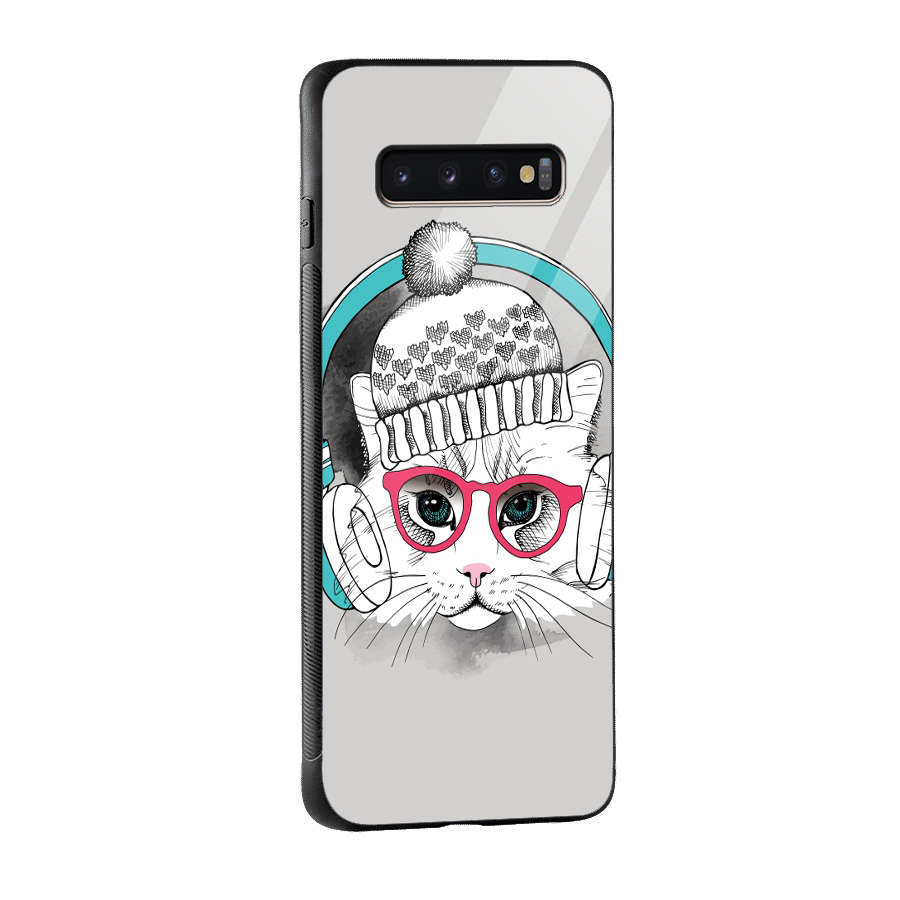Cat Headphones Glass Back Case for Galaxy S10 Plus