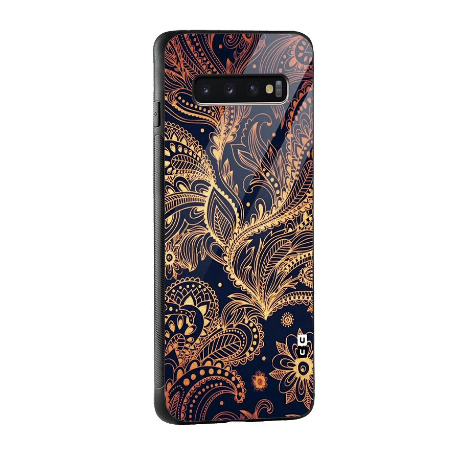 Classy Golden Leafy Design Glass Back Case for Galaxy S10 Plus