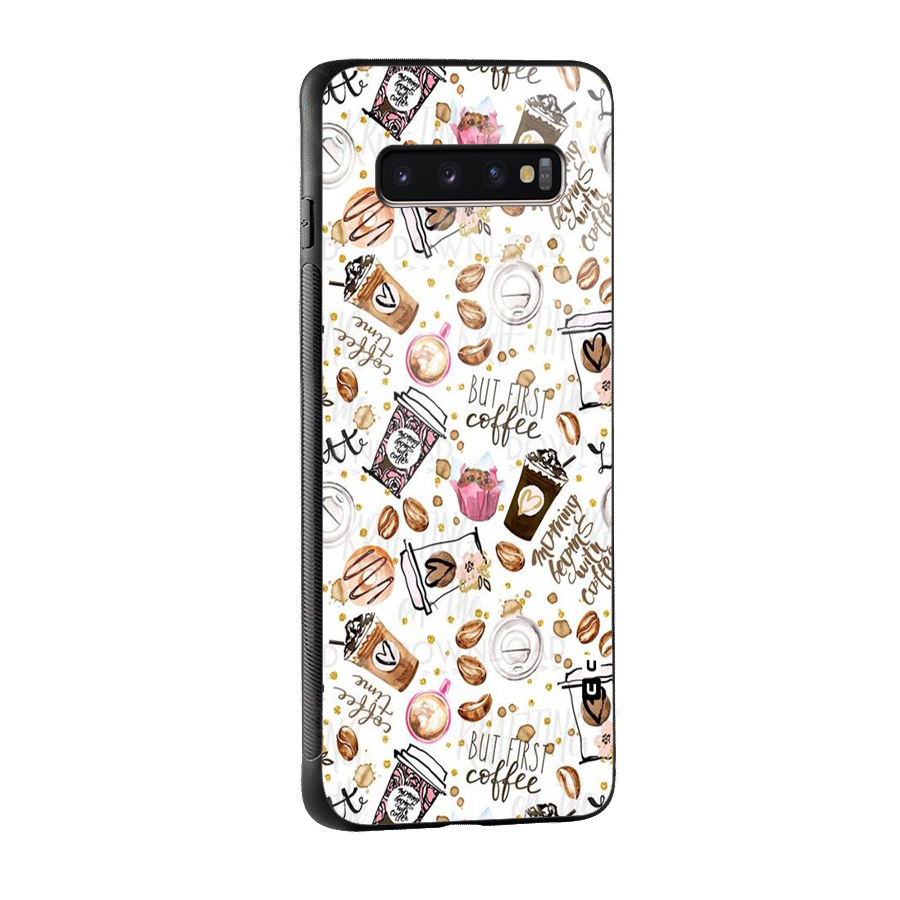 Coffee Pattern Glass Back Case for Galaxy S10 Plus