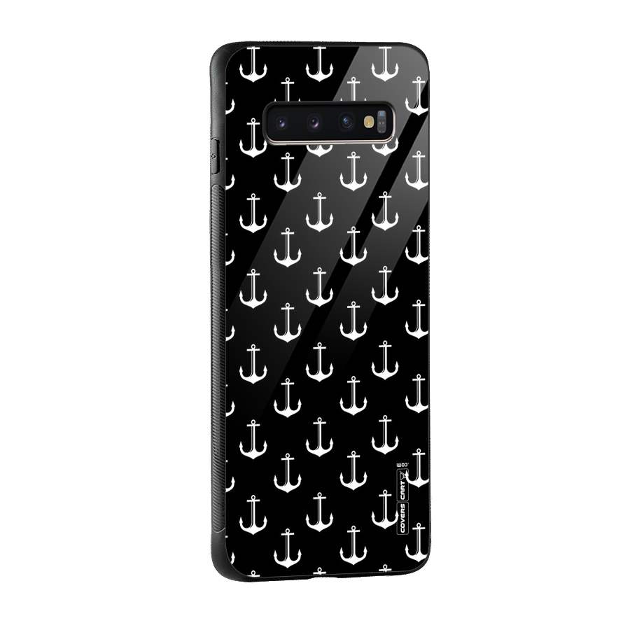 White And Black Anchor Pattern Glass Back Case for Galaxy S10 Plus