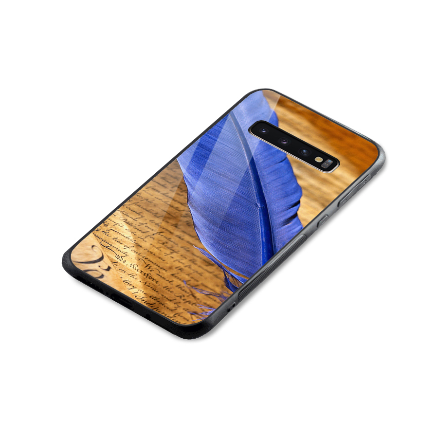 Beautiful Blue Feather Glass Back Case for Galaxy S10 Plus