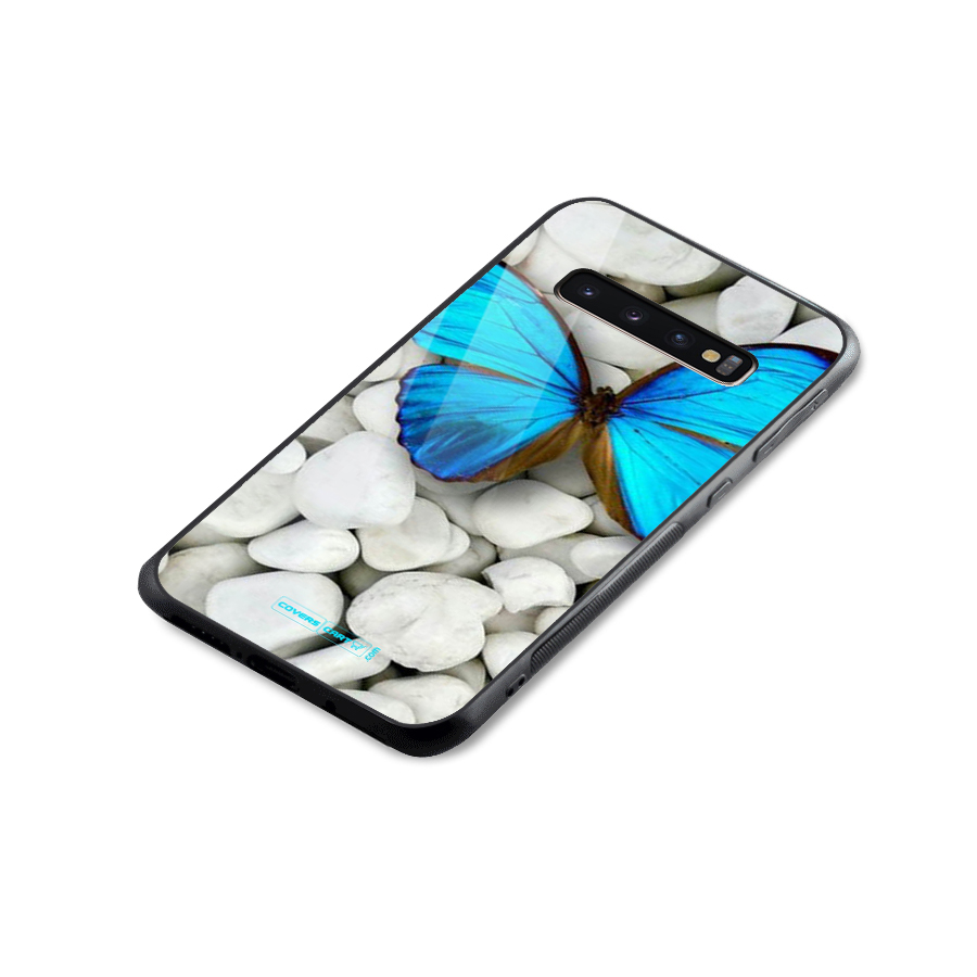 Blue Butterfly Glass Back Case for Galaxy S10 Plus