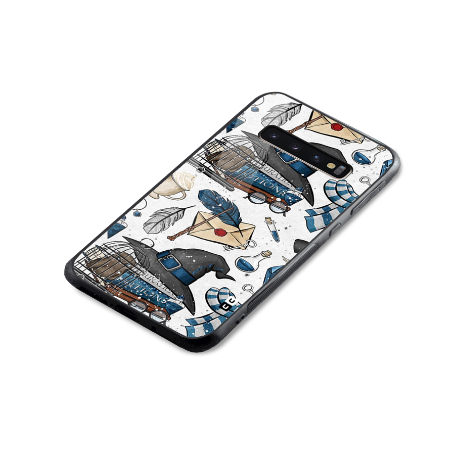 Blue Feather Hat Design Glass Back Case for Galaxy S10 Plus