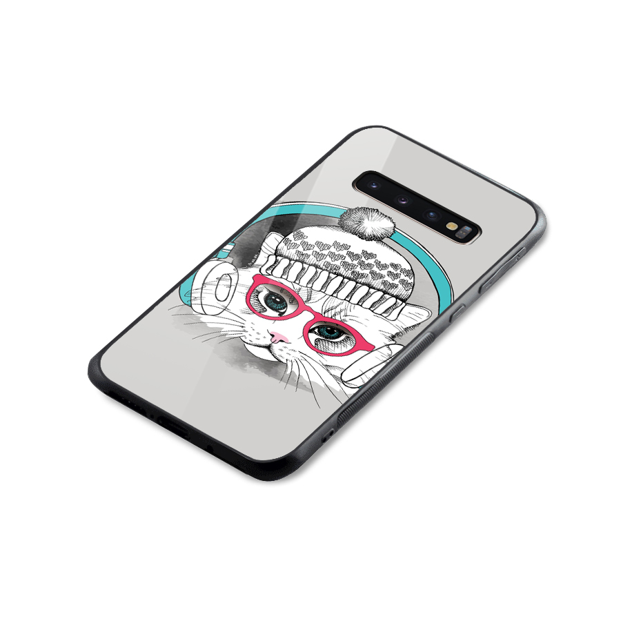 Cat Headphones Glass Back Case for Galaxy S10 Plus