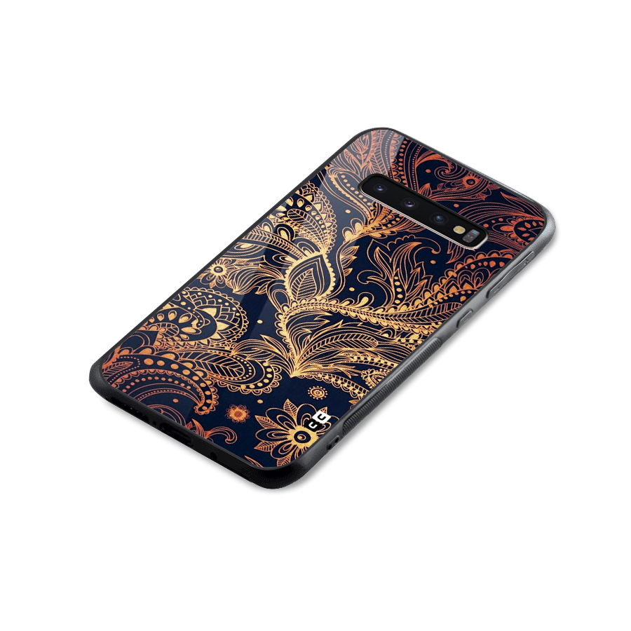 Classy Golden Leafy Design Glass Back Case for Galaxy S10 Plus
