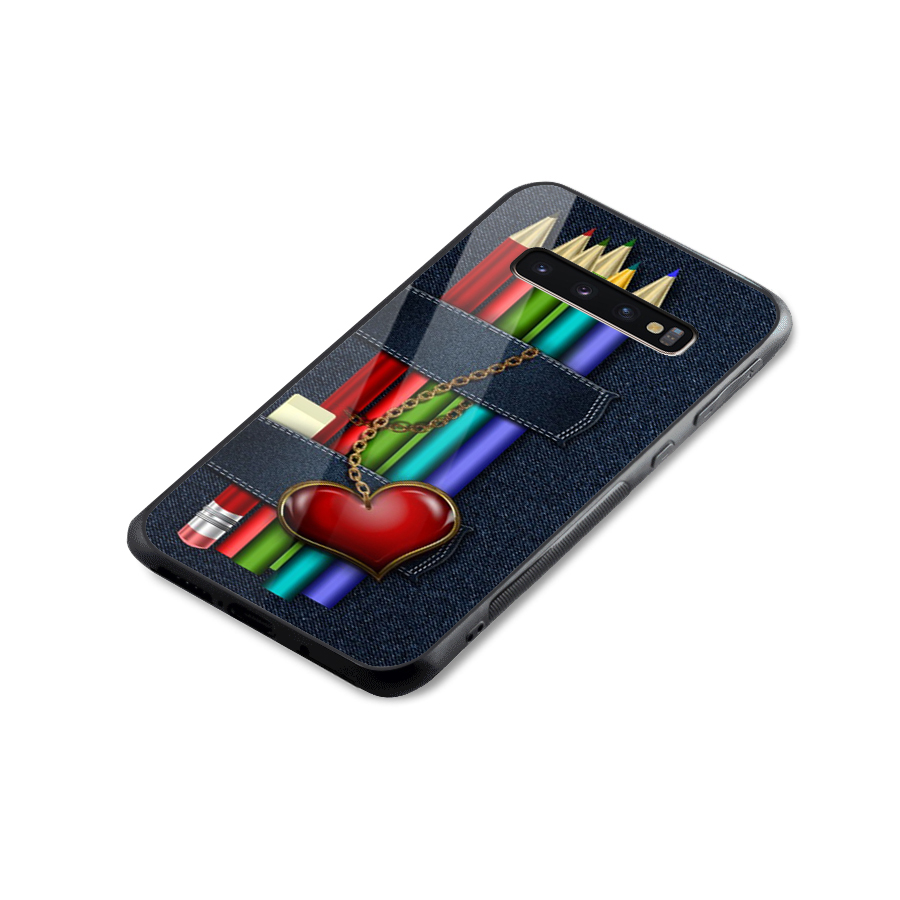 Denim Colorful Pencils Glass Back Case for Galaxy S10 Plus