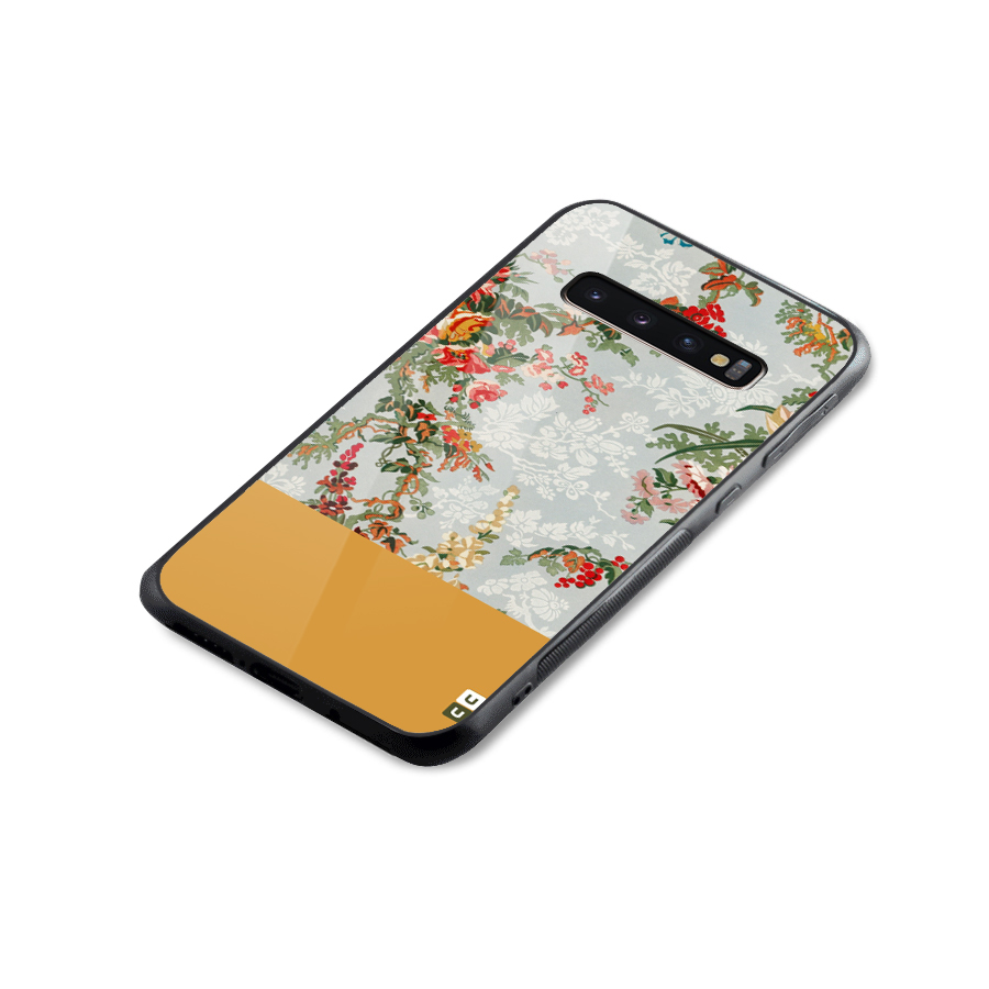 Golden Stripe on Floral Glass Back Case for Galaxy S10 Plus