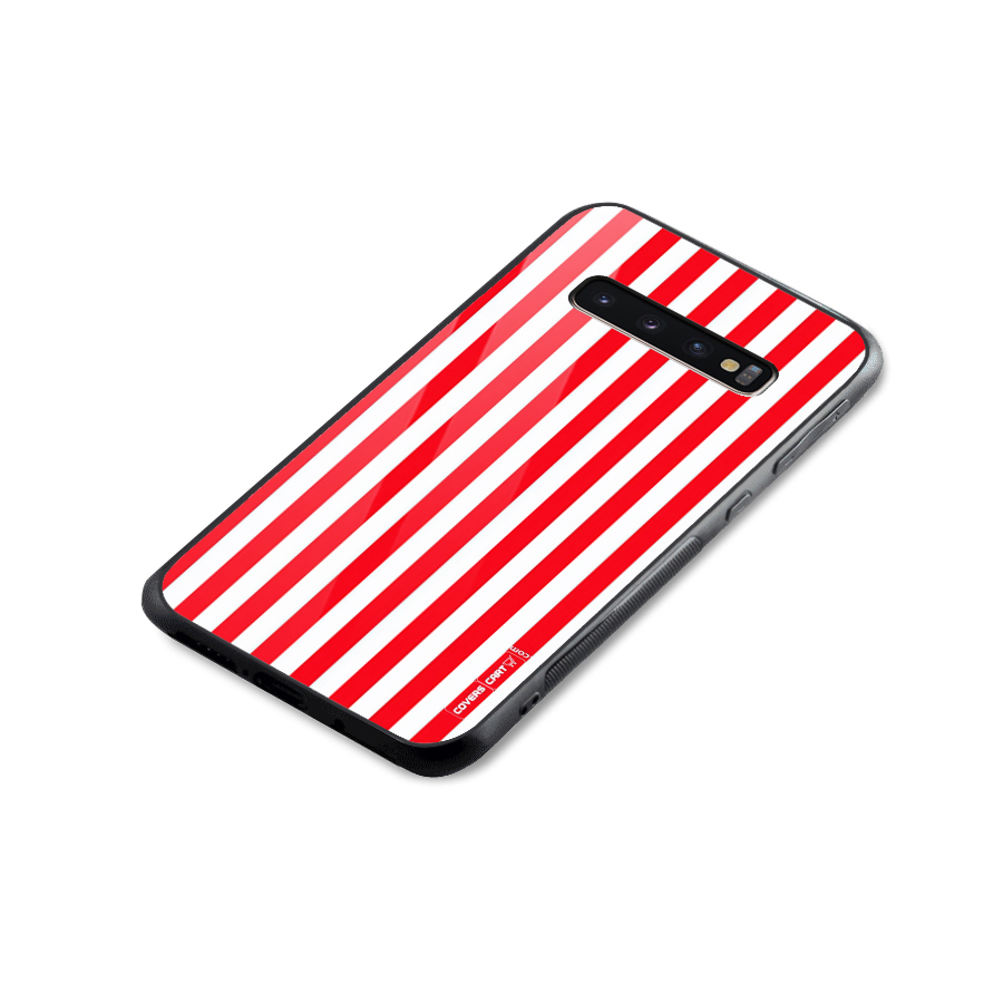 Red And White Straight Stripes Glass Back Case for Galaxy S10 Plus