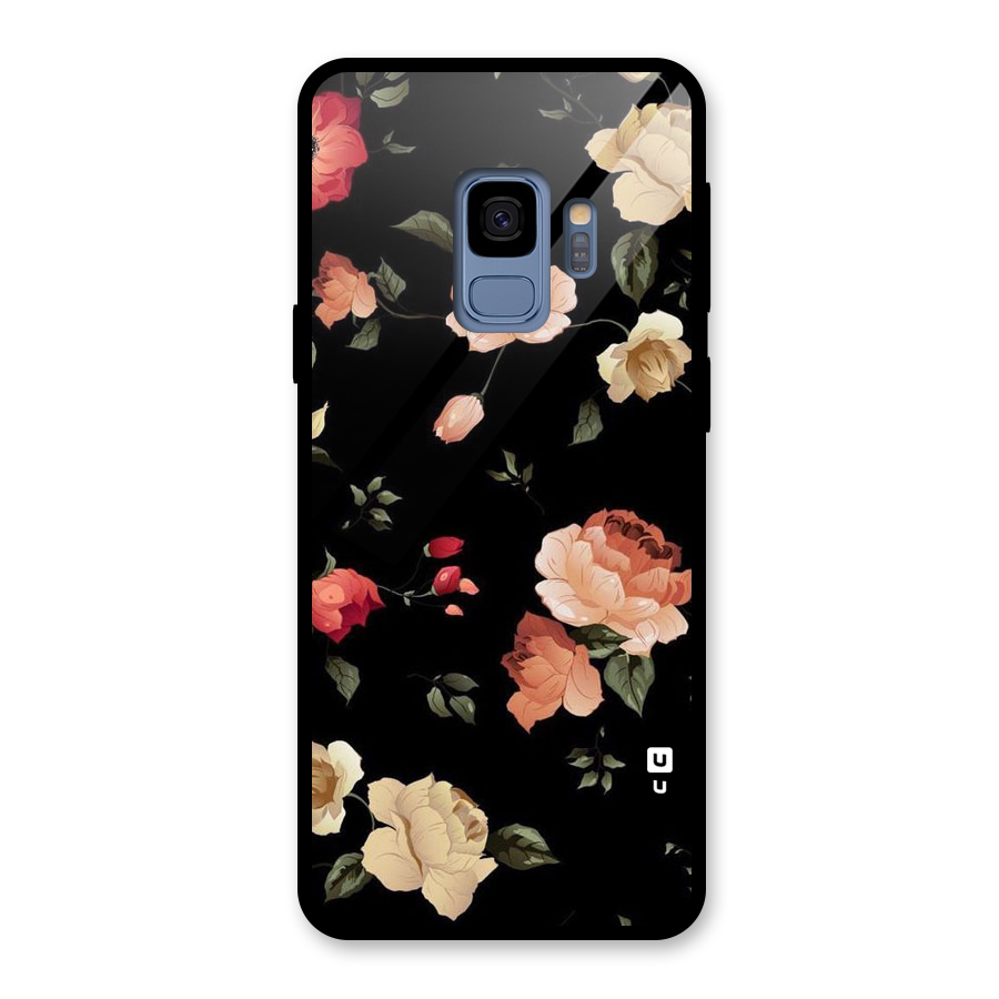 Black Artistic Floral Glass Back Case for Galaxy S9