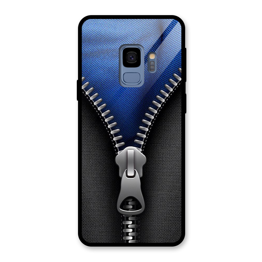 Blue Zipper Glass Back Case for Galaxy S9