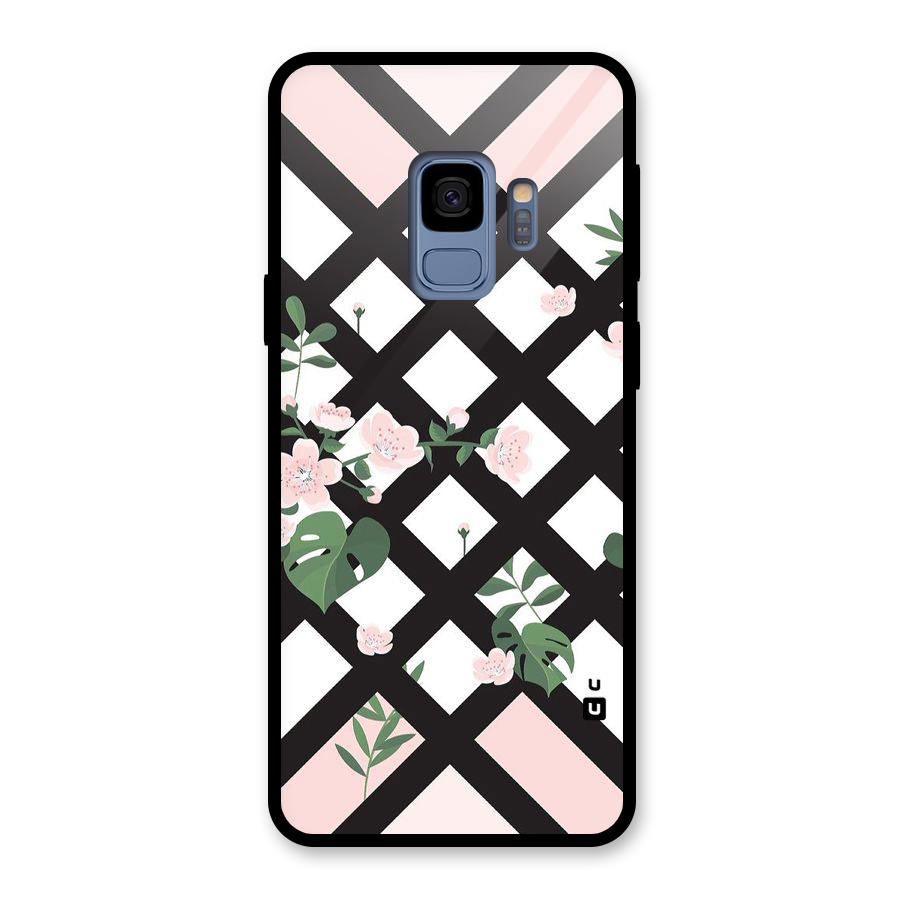 Check Floral Stripes Glass Back Case for Galaxy S9