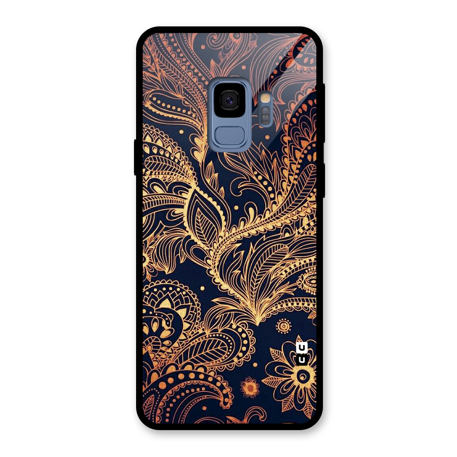 Classy Golden Leafy Design Glass Back Case for Galaxy S9