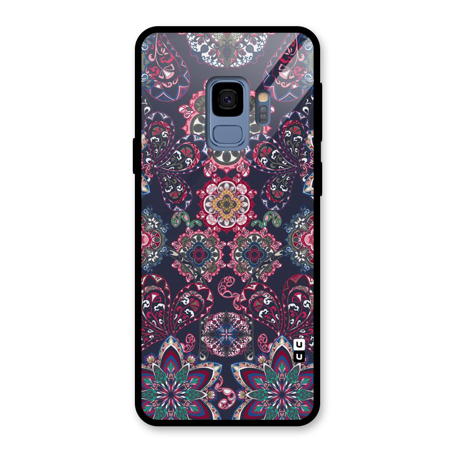 Navy Blue Bloom Pattern Glass Back Case for Galaxy S9