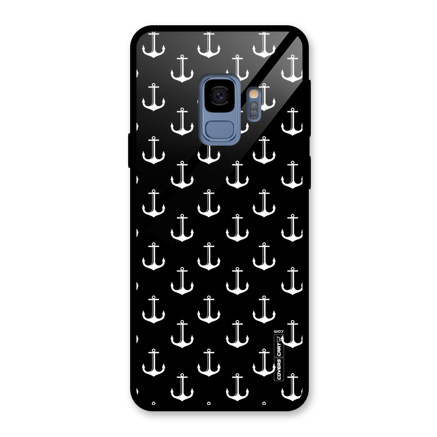 White And Black Anchor Pattern Glass Back Case for Galaxy S9