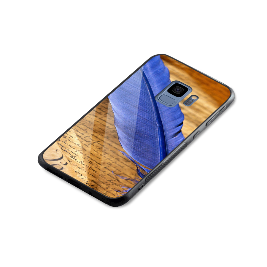 Beautiful Blue Feather Glass Back Case for Galaxy S9