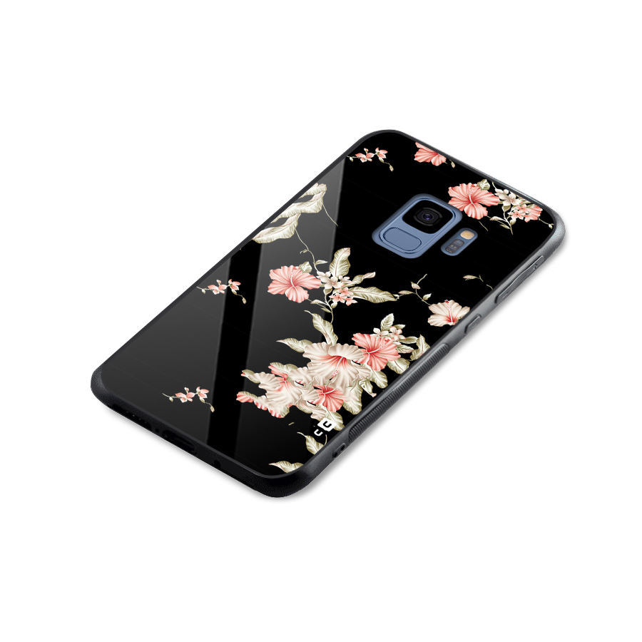 Black Floral Glass Back Case for Galaxy S9