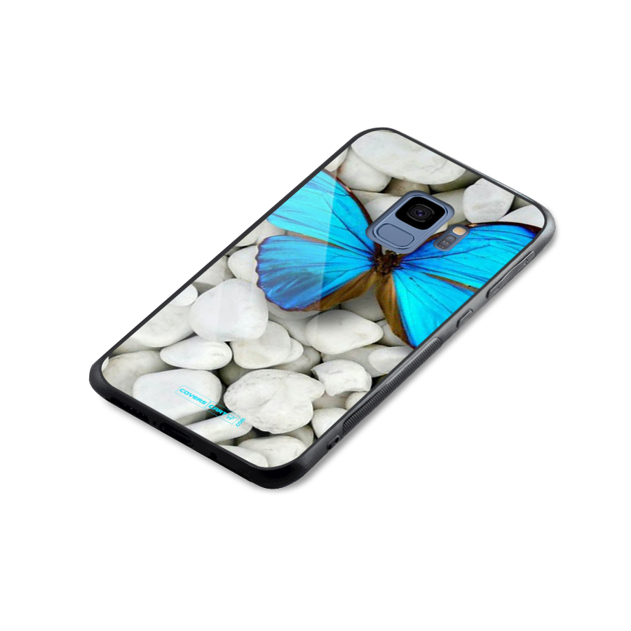 Blue Butterfly Glass Back Case for Galaxy S9